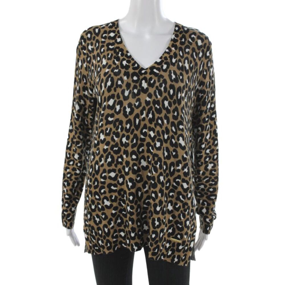 Michael Michael Kors Unisex Leopard Print Brown V-Neck Sweater Size M
